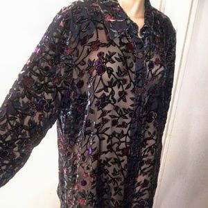 Long Sleeve Dark Sheer button up with Vines